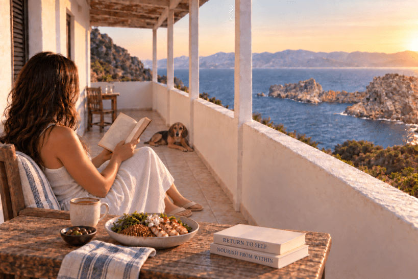 Anna reading on a terrace overlooking the sea, with slippers by the table