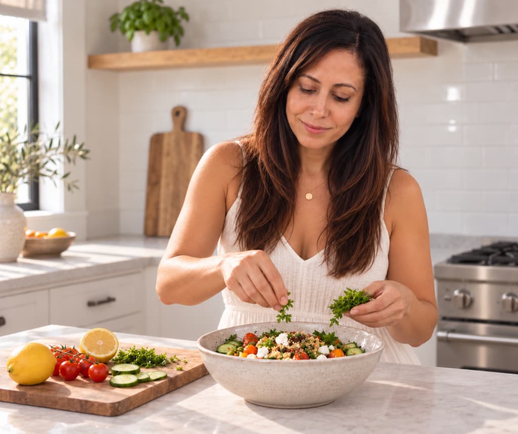 Anna preparing a nourishing salad in a bright kitchen