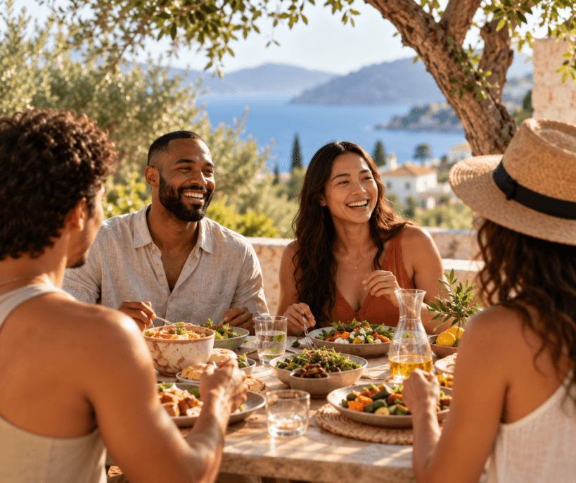 Friends sharing a nourishing meal outdoors by the sea